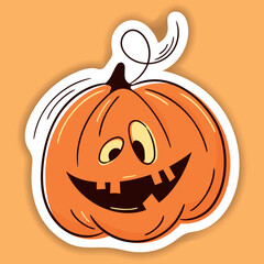 Halloween vector sticker. One line hand drawn Halloween emoticon pumpkin. Jack o Lantern. Funny face isolated on white, cute pumpkins. Doodle for logo, poster, emblem