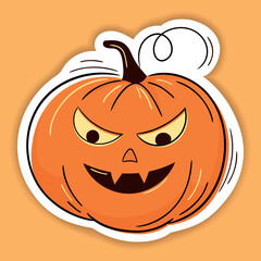 Halloween vector sticker. One line hand drawn Halloween emoticon pumpkin. Jack o Lantern. Funny face isolated on white, cute pumpkins. Doodle for logo, poster, emblem