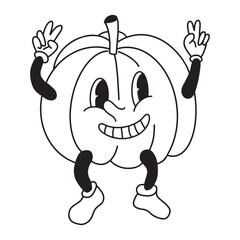 Groovy Halloween clip art - happy pumpkin with comics retro smile face. Black outline vintage design element pumpkin squash showing with hands peace victory V sign. Trippy y2k trendy character.