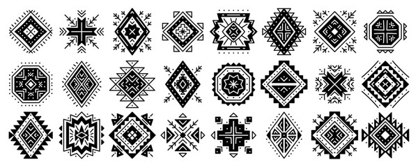 Aztec abstract geometric elements. Set of ethnic ornaments. Tribal design, geometric symbols for tattoo, cards, decorative works for design logo, cards, backgrounds. Navajo motifs - obrazy, fototapety, plakaty