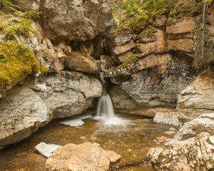 a small waterfall among rocks in a wild forest.