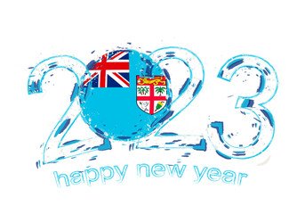 2023 Year in grunge style with flag of Fiji.