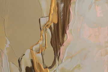 Art modern oil and acrylic smear blot canvas painting wall. Abstract texture gold, beige and bronze color stain brushstroke texture background.