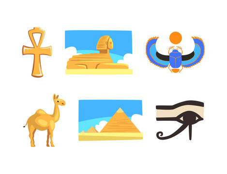 Egyptian Symbols with Sphinx, Scarab Beetle, Ankh, Pyramid, Camel and Eye of Horus Vector Set