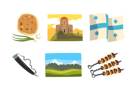 Georgia National Symbols with Flag, Cathedral, Horn, Crumpet, Shashlik and Mountain View Vector Set