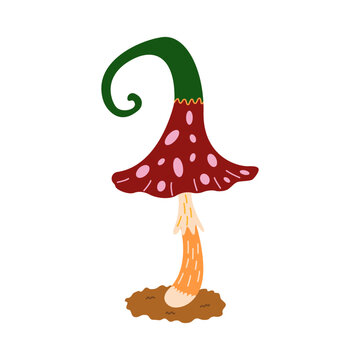 Fly agaric mushroom with a cute hat. Vector colorful isolated illustration hand drawn doodle. Simple card or print amanita. Autumn season clip art