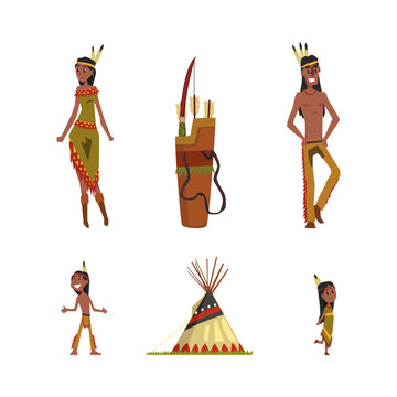 Native American Indians in Traditional Ethnic Clothes with Feathers in Their Head with Bow and Arrows Vector Set