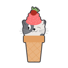 Hand drawn kawaii cat ice cream. ice cream ball in the form of round kittens in the waffle cone. Anime characters. Funny idea for your design. Balls look like cats EPS