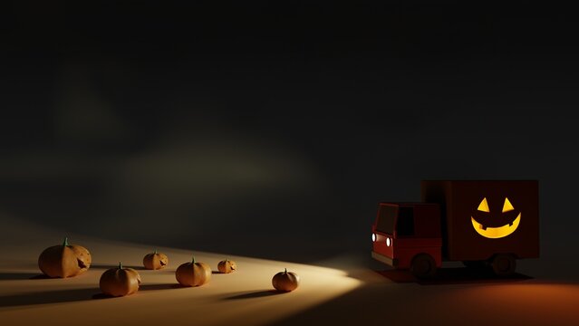 Halloween Car Delivering Pumpkin Against Night Scary Background