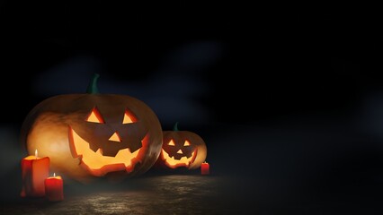 Helloween pumpkin head jack with candles on black background