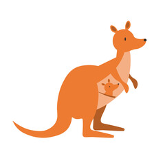 Funny brown kangaroo with cute baby and red heart. Australian marsupials hand drawn vector illustration. Animals wildlife mom and baby. Adorable character in flat style. EPS
