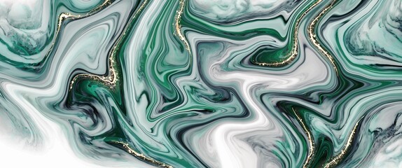 Green emerald abstract backround with marble texture, elegant design with fluid hand drawn art, minimal luxury graphic, golden paths, wallpaper for print, interior wall picture, fashion pattern - 536834703