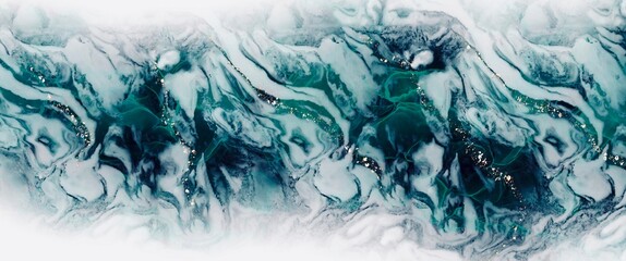 Obraz premium Blue abstract marble fluid backgroud with golden elements, alcohol ink art texture with stone section texture, deep blue layered structure, book cover or brochure graphic