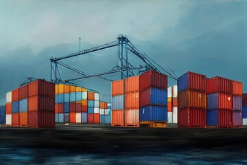 Multi-colored cargo containers on the pier by the sea. Cargo pier. 3d illustration