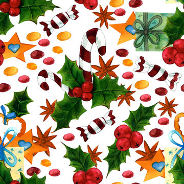 Christmas seamless pattern. Cakes, Christmas cookies, caramels, Christmas Holly, Jelly Belly, Christmas trees, presents.