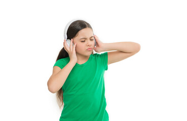 Play any song. Enjoy non stop music. Privilege of premium account. Little girl listen music modern headphones. Play music anywhere, even without internet. Small adorable kid listen music headphones