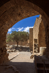 Panoramic view of ruins of ancient city of Lindos on colorful island of Rhodes, Greece. Famous...