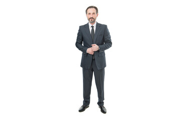 Confident professional business man businessman manager standing full-length in formal business suit