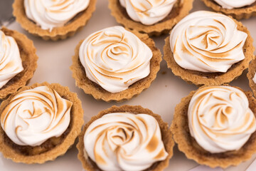 close up of traditional cakes, apple pie mini tarts on white background