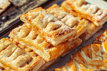 puff pastry apple bags sprinkled with powdered sugar, sweet piece of cake, baking in autumn,...