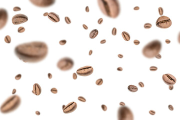 Coffee beans flying background. Black espresso grain falling on white. Rustic coffee bean fall isolated. Represent breakfast, energy, freshness or great aroma concept.