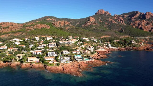 Aerial flight over Viaduc d'Anth&eacute;or and the Massif de L'Esterel on the coast of Mediterranean Sea between Cannes and Saint Raphael. Provence-Alpes-C&ocirc;te d'Azur region in the south of France.