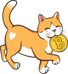 Crypto cat holding Bitcoin in mouth. Funny cat carrying crypto coin and walking hand drawn illustration