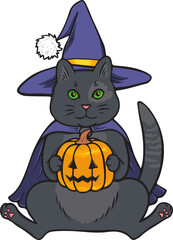 Halloween witch cat with pumpkin