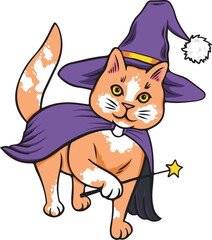 Halloween wizard cat in magic costume with magic wand