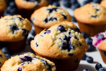 juicy and yummy blueberry muffins, a high calorie baked food , sweet and sugary