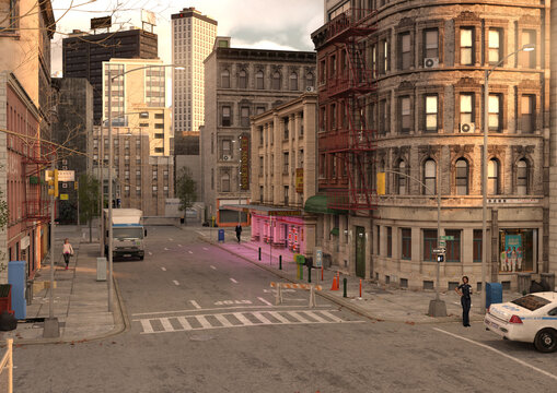 A 3d Digital Render Of A City Environment In The Evening With A Closed Off Side Street And People Walking Home.