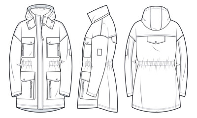 Unisex Parka Coat technical fashion Illustration. Sport Parka, winter Jacket fashion flat drawing template, zip closure, multi pockets, hood, front, side and back view, white, women, men, CAD mockup. © Liubov Hladka