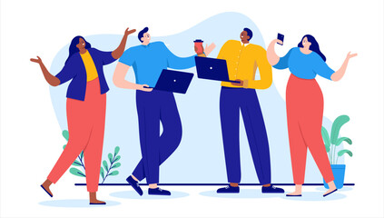 Happy diverse office people - Business characters smiling, standing and talking. Flat design vector illustration with white background