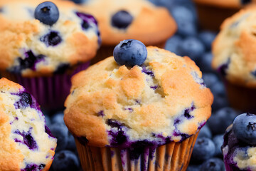 juicy and yummy blueberry muffins, a high calorie baked food , sweet and sugary