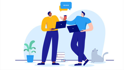 Dialogue at work - Two business people in casual clothes talking, discussing and having conversation with speech bubbles. Flat design vector illustration with white background