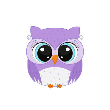 Cute cartoon character of violet owl on a white background.Element for design.Vector illustration
