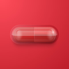 Vector 3d Realistic Red Pharmaceutical Medical Pill, Capsule, Tablet on Red Background. Top, Front View. Flat Lay. Copy Space. Medicine, Women s Health Concept