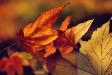 Fototapeta premium Autumn Leaf. Colorful background of multicolor leaves with natural light. Ai generated image