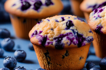 juicy and yummy blueberry muffins, a high calorie baked food , sweet and sugary