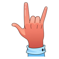 Rock hand gesture in cartoon style. Vector illustration isolated on white background.