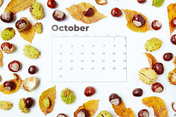 autumn background with autumn leaves, calendar and chestnut