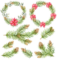 Set of realistic evergreen pine tree branches and holiday wreath decorations with Christmas tree branch and poinsettia flowers