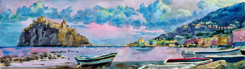 Seaview on Castello Aragonese. Beach in Ischia Italy. Wide web banner.