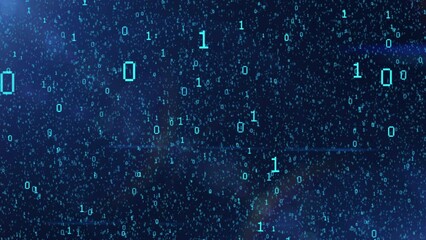 Binary code black and blue background with digits moving on screen. Concept of mining cryptocurrency and bitcoin. Web developer. Digital computer code. Programming. Coding.