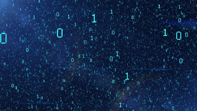 Binary code black and blue background with digits moving on screen. Concept of mining cryptocurrency and bitcoin. Web developer. Digital computer code. Programming. Coding.