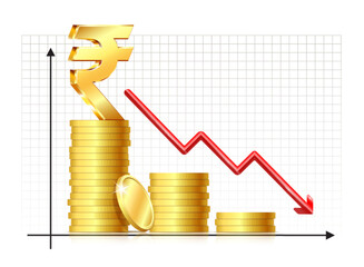 Red arrow chart falls down chart and symbol of rupee currency with stack of gold coins. Financial crisis