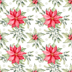 Christmas holiday seamless pattern with poinsettia flowers, mistletoe and holly berries. Watercolor hand painted botanical background, retro floral festive wallpaper - 536840982
