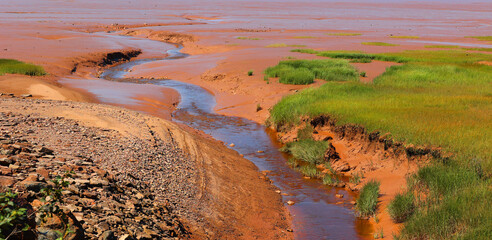 Sandy shore at low tide in the Bay of Fundy in Sackville New Brunswick, Canada - obrazy, fototapety, plakaty