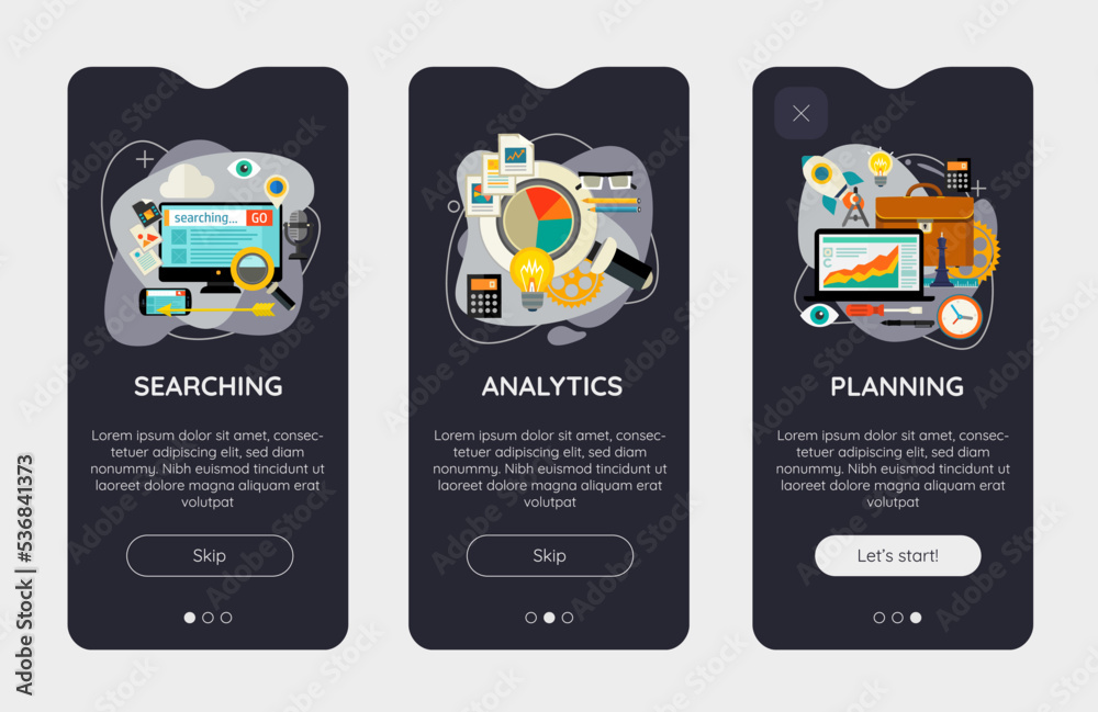 Wall mural flat design responsive searching, analytic, planning ui mobile app splash screens. template with tre