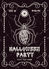Fototapeta premium Halloween vertical poster with spider in steampunk style, human eye, frame of bones, text Halloween Party on a scratchy background. Party invitation flyer template. Vector